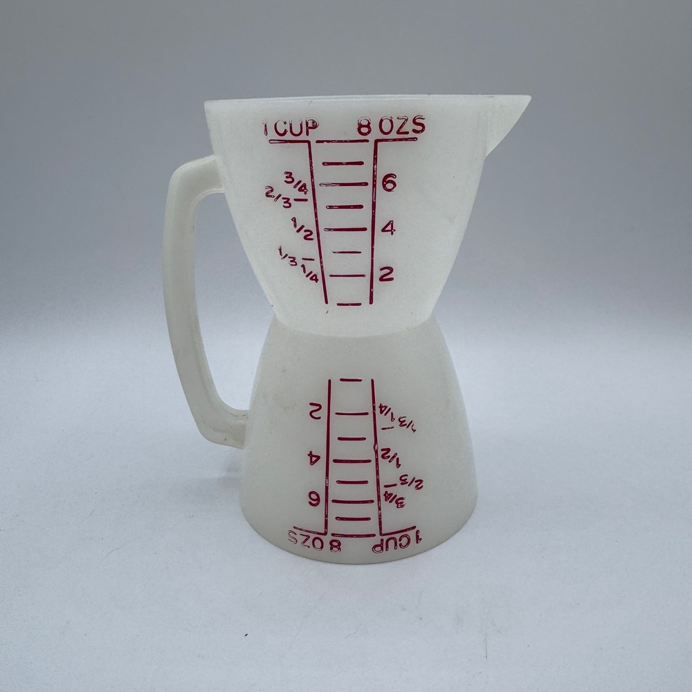 Vintage Milk Glass Double Sided Measuring Cup Hourglass 1 Cup 8 oz Red Markings